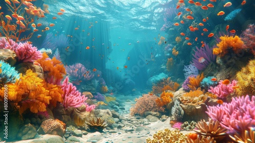 Underwater coral reef with a variety of fish swimming around photo