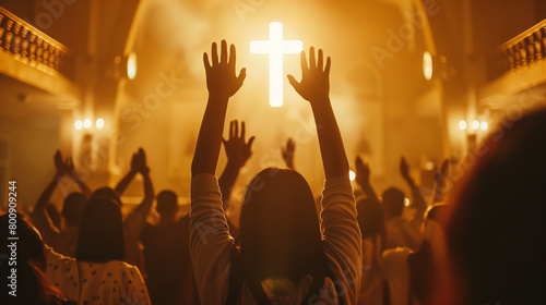 Christians raise their hands before the cross, faces full of devotion and solemnity, soft light shining on them from the church ceiling, Ai generated Images photo
