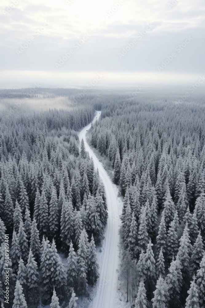 Snow-covered pine trees and road in the middle Snow-covered pine trees and road in the middle