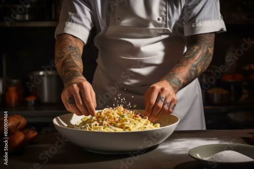 Tattooed chef finishing pasta dish