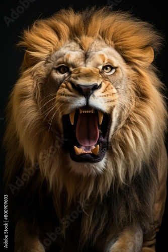 Close-up of a male lion roaring with its mouth wide open