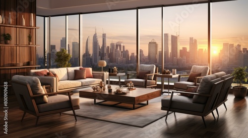 Modern living room interior with large windows and city view © Adobe Contributor