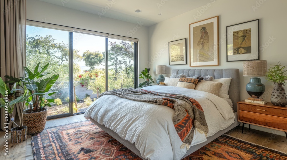 A bedroom with a large bed, a rug, and a few pieces of furniture A bedroom with a large bed, a rug, and a few pieces of furniture