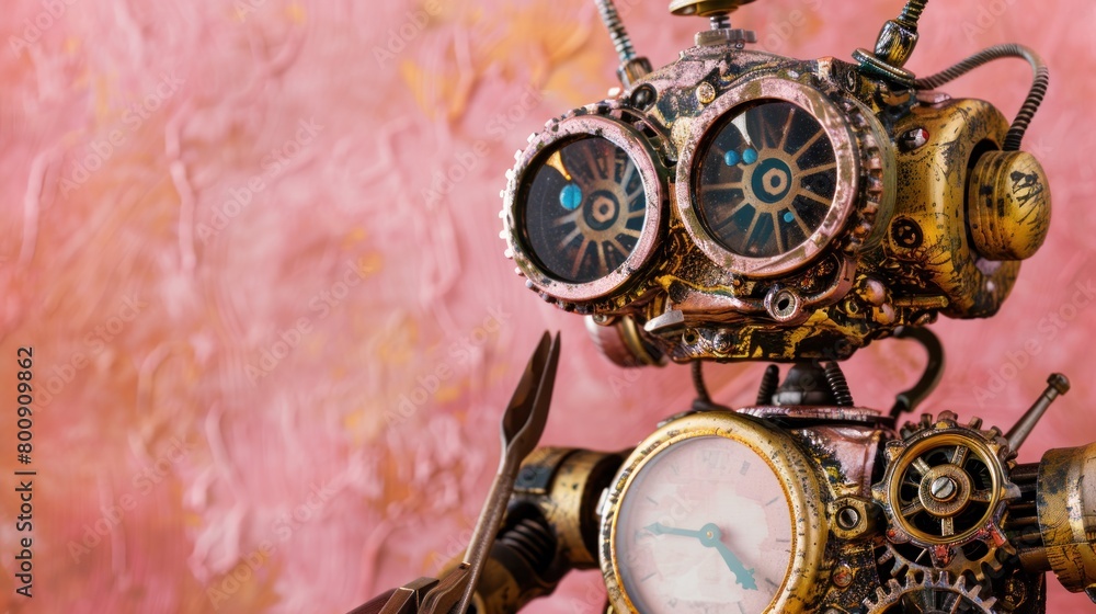 Old robot concept with screw driver. Old gears, gear watch part mechanism. Shabby early metal texture. Pink background. Old robot concept with screw driver. Old gears, gear watch part mechanism. Shabby early metal texture. Pink background.