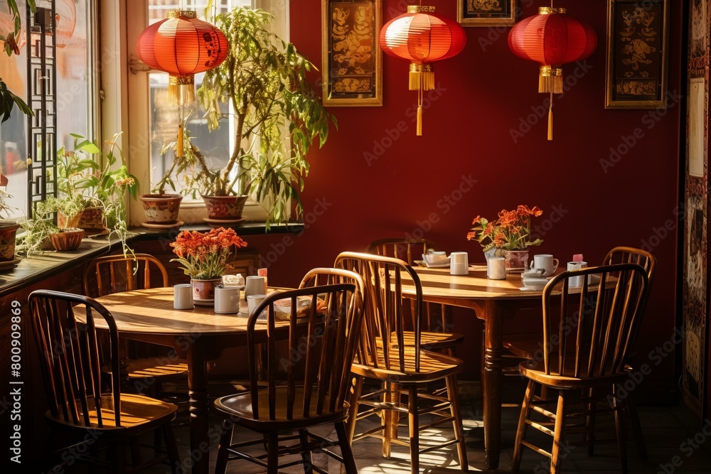 Obraz premium Chinese restaurant with red walls and round tables