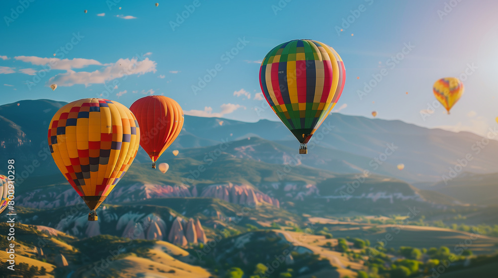 Naklejka premium Hot air balloon festival with bright blue sky and beautiful mountains with slightly blurred background, colorful balloons floating in the sky, Ai generated Images