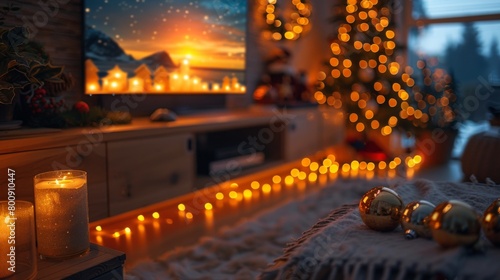 Visualize a cheerful scene as the family decorates the living room for the holidays, with lights and ornaments adorning the