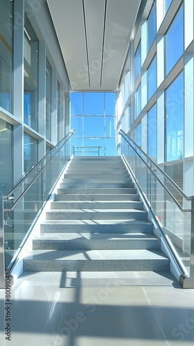 Staircase with Glass Railing and Blue Sky Background