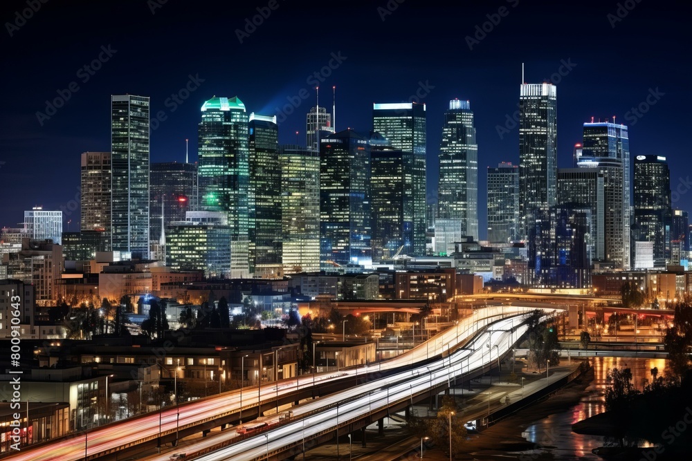 A stunning view of the Los Angeles skyline at night A stunning view of the Los Angeles skyline at night