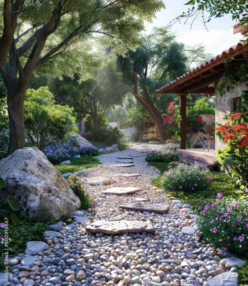 Pebble path in a lush garden Pebble path in a lush garden