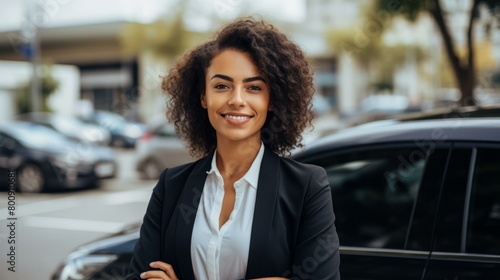 Confident young businesswoman standing next to her car © Adobe Contributor