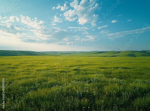 Vast green grassland landscape under blue sky and white clouds photo