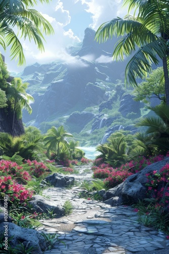 fantasy landscape with stone path and tropical plants