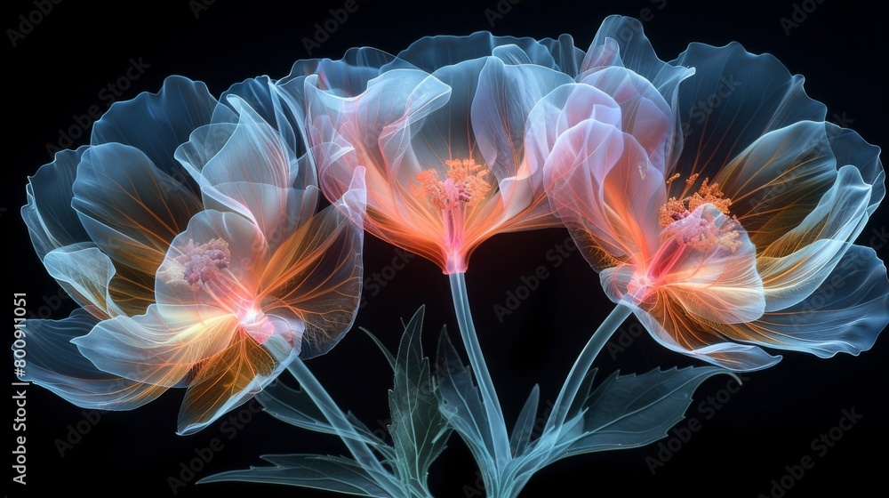 Obraz premium X-ray scan of a bouquet of flowers, highlighting the stems, petals, and leaves.