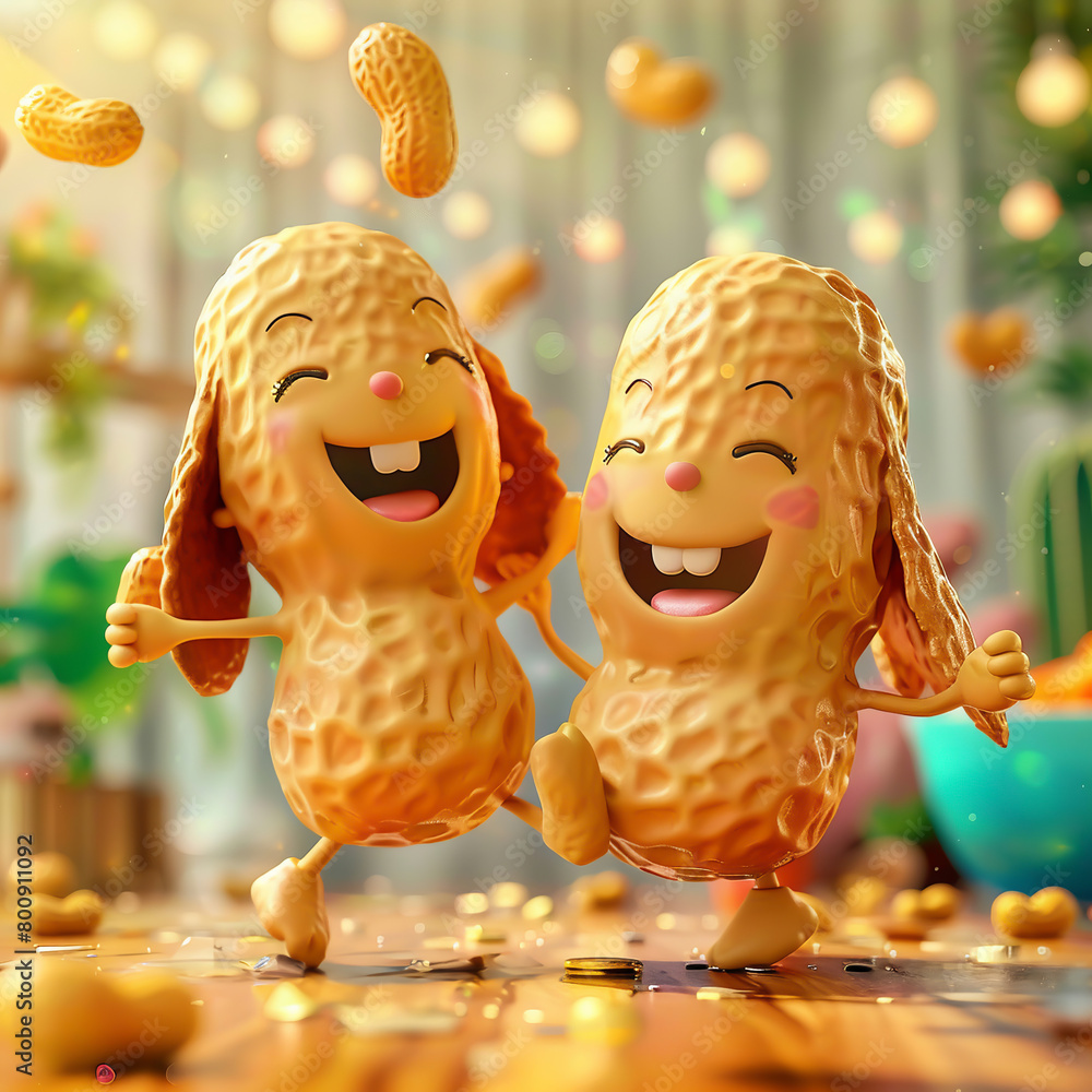 Cute peanut characters dancing happily, vibrant illustration, bright ...