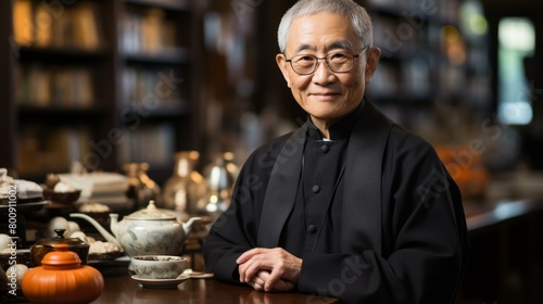 Portrait of a smiling elderly Asian man in a black robe sitting at a table in a library