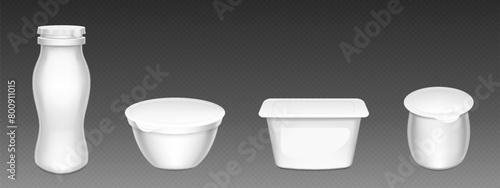 White plastic yogurt or cream cup package mockup. 3d blank yoghurt pot container with lid mock up. Empty round dairy food isolated bottle. Closed glossy yougurt packaging with clear brand label set