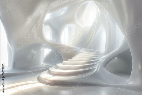 Futuristic minimalist white interior with parametric staircase