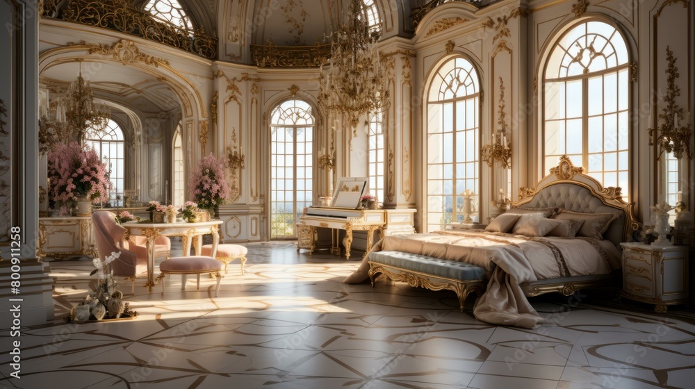 Ornate bedroom with a piano and pink flowers Ornate bedroom with a piano and pink flowers