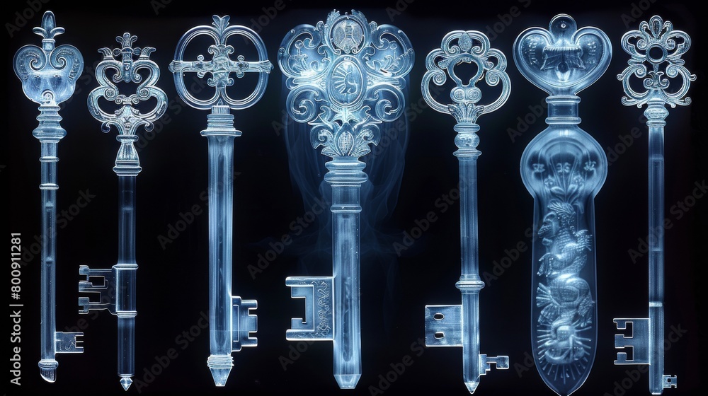 Naklejka premium X-ray scan of a collection of antique keys, showcasing the intricate designs and shapes.