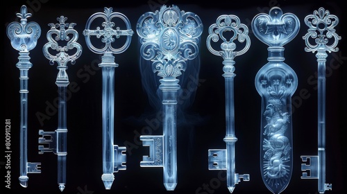 X-ray scan of a collection of antique keys, showcasing the intricate designs and shapes.