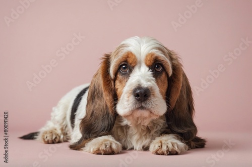 Portrait of Petit Basset Griffon Vendeen dog looking at camera, copy space. Studio shot. photo