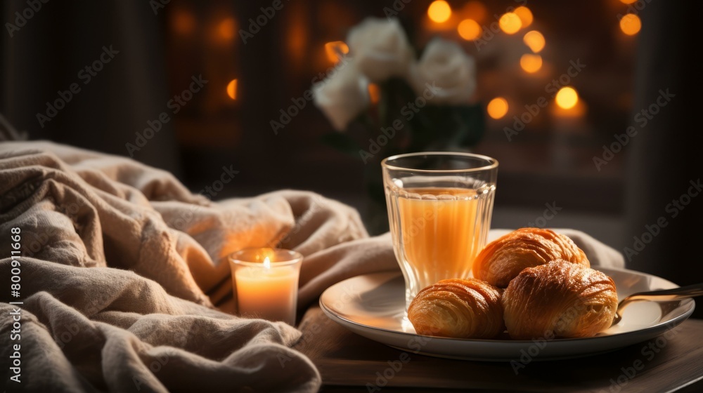 cozy still life with croissants, orange juice and a candle cozy still life with croissants, orange juice and a candle