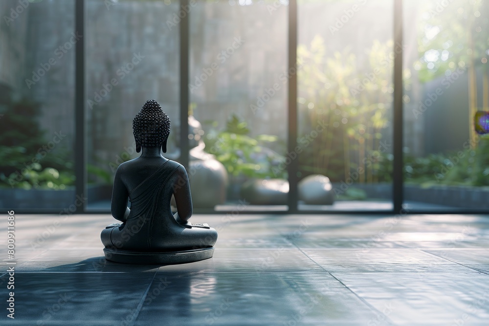 statue of a Buddha sitting on a pedestal in a room with a pastel colors wall