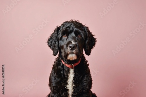 Portrait of Portuguese Water Dog dog looking at camera, copy space. Studio shot. photo