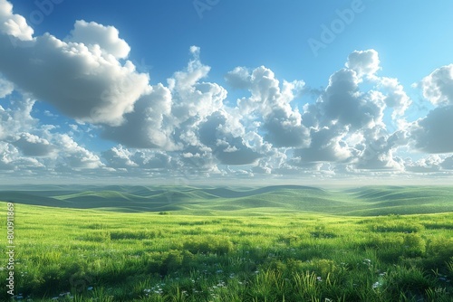 Green rolling hills under a blue sky with white clouds