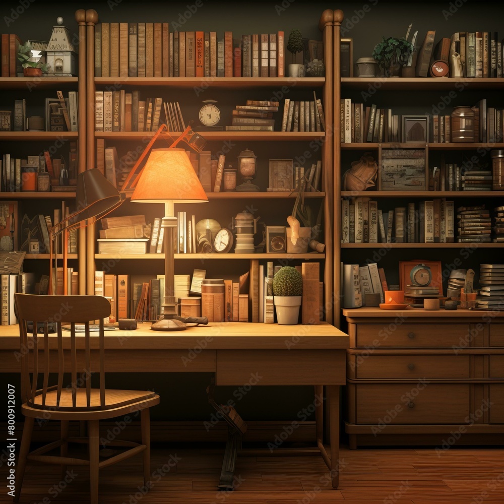 Vintage study with bookshelves and a wooden desk