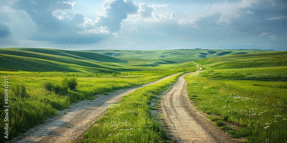 dirt road through a lush green rolling grassy hill landscape