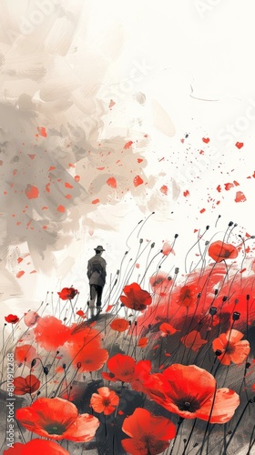 A soldier standing in a field of red flowers photo