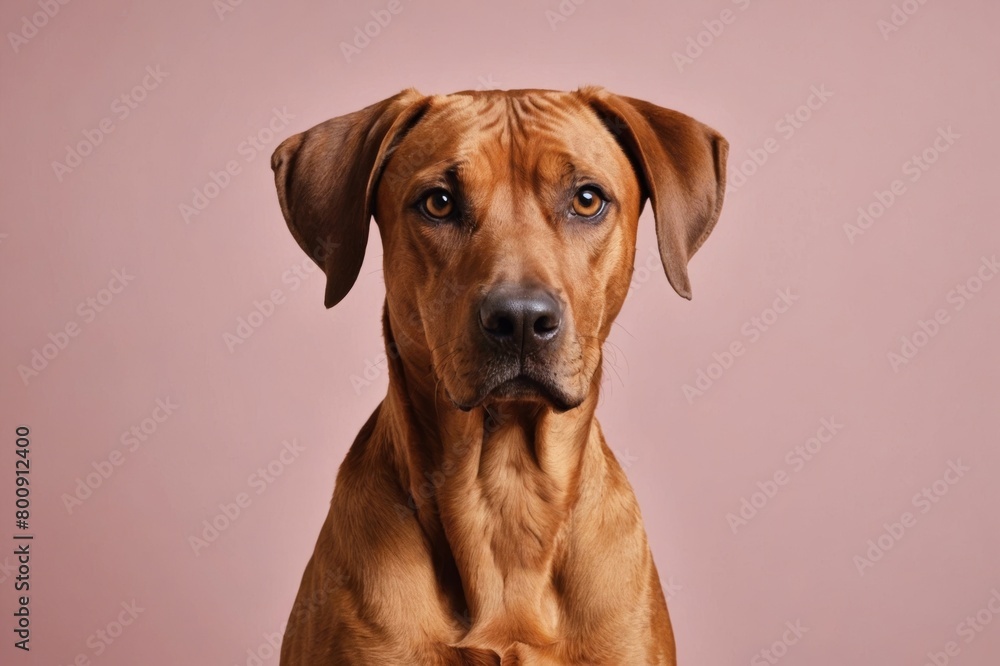 Portrait of Rhodesian Ridgeback dog looking at camera, copy space. Studio shot.