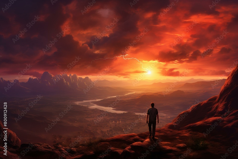 Man standing on a cliff overlooking a valley as the sun sets in the background