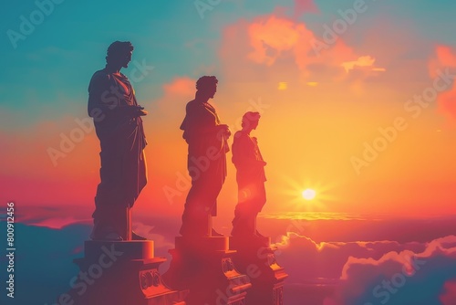 A group of greek gods statues are silhouetted against a sunset
