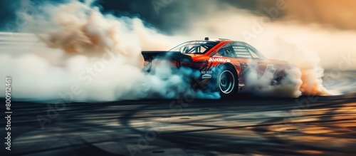 Red racing drift car driving with lots of smoke from burning tires on the track, blurred image,, AI generated image. © afnanbdr