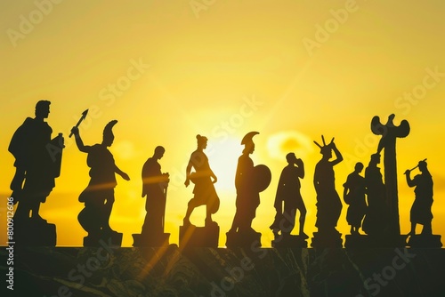 A group of greek gods statues are silhouetted against a sunset