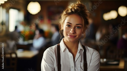 Portrait of a smiling young woman with blonde hair in a bun wearing a white shirt and brown suspenders standing in a restaurant with people in the background