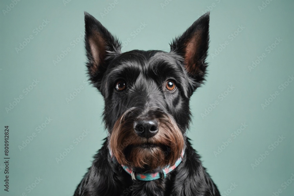 Portrait of Scottish Terrier dog looking at camera, copy space. Studio shot.