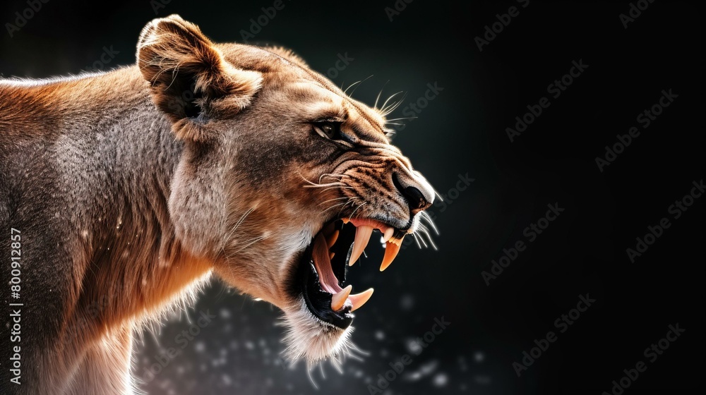 Naklejka premium Close up of a lioness roaring with a dark background