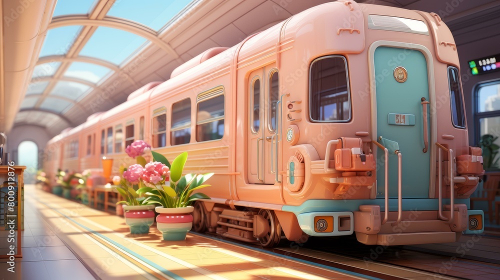 A pink and blue train sits in a station