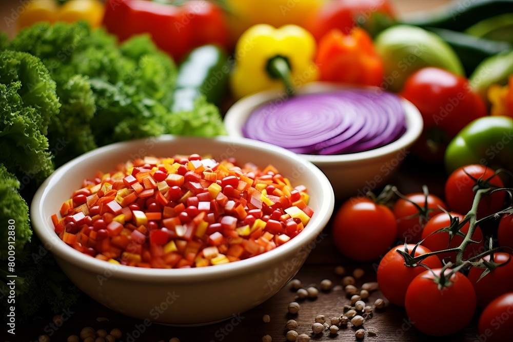 A bowl of diced bell peppers and a bowl of sliced red onion with other vegetables in the background A bowl of diced bell peppers and a bowl of sliced red onion with other vegetables in the background