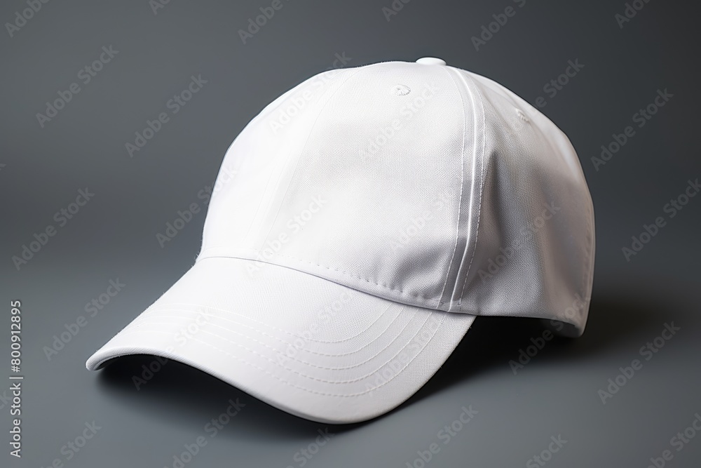 A white baseball cap for mockup with grey background. seen from the side A white baseball cap for mockup with grey background. seen from the side