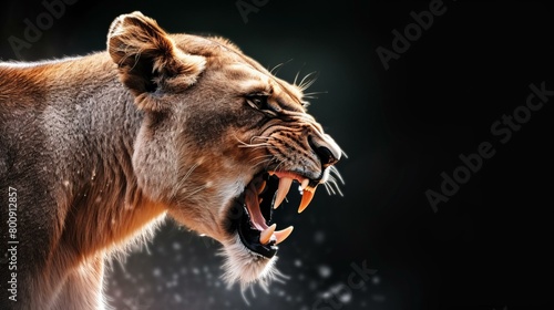 Close up of a lioness roaring with a dark background