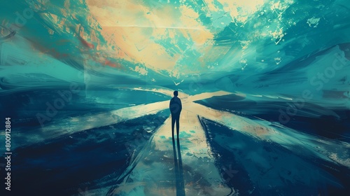 A person standing at a crossroads, pondering multiple paths ahead, each signifying different mental health journeys.