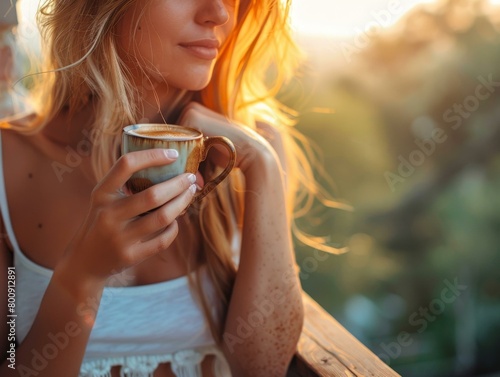 Young blonde woman drinking coffee and enjoying the sunset photo