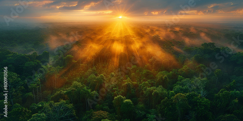 Aerial view of sunrise over a rainforest landscape background