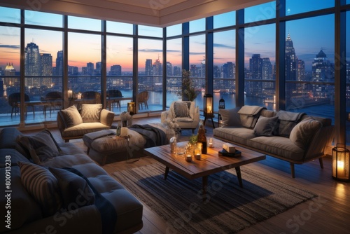 Modern living room interior with floor to ceiling windows overlooking a city skyline at sunset © Adobe Contributor