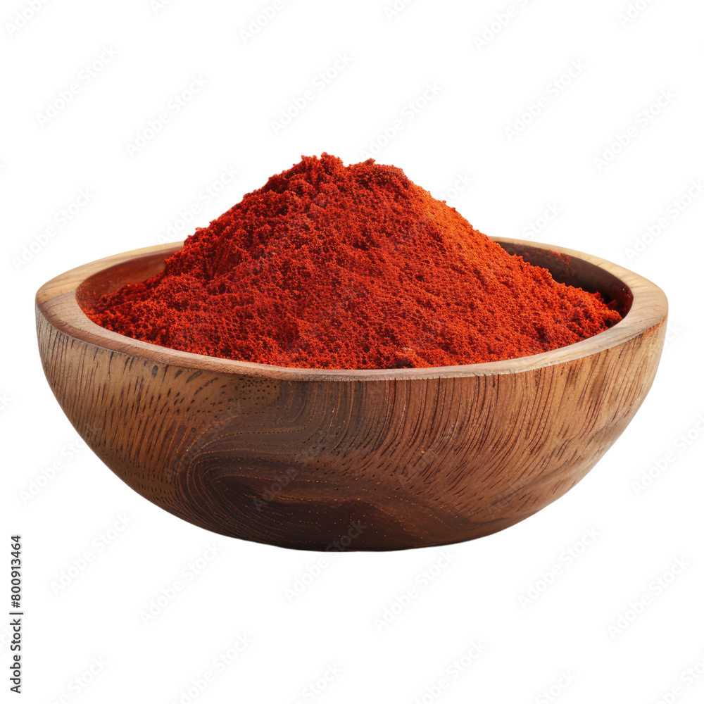 Red chili powder in a wooden bowl isolated on transparent background Red chili powder in a wooden bowl isolated on transparent background